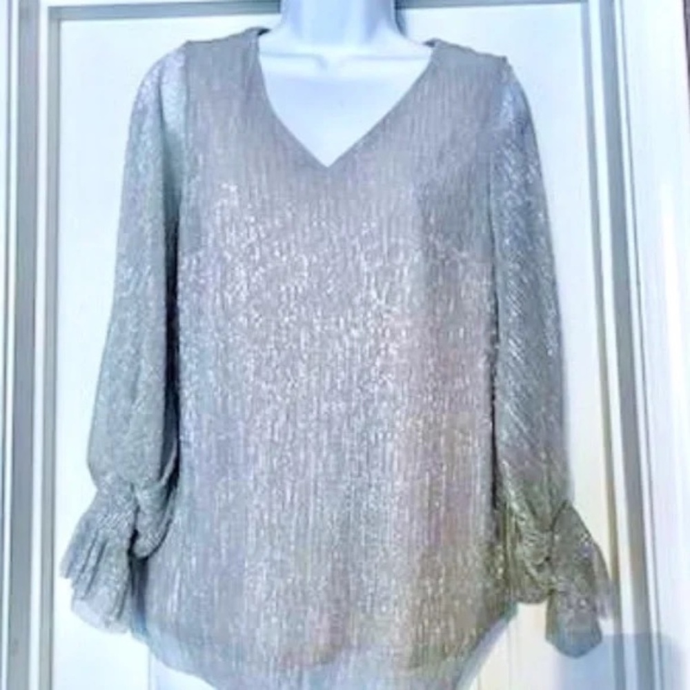 NWT CeCe Silver Metallic Long Sleeve V Neck Sleeve Blouse Sz S